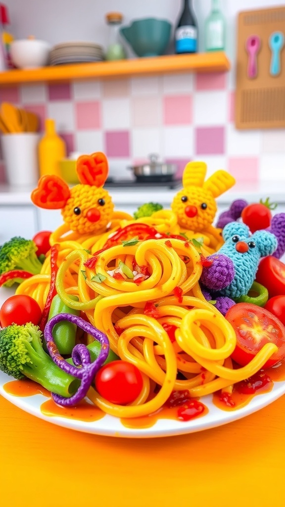 A plate of colorful noodle art with cute shapes made from pasta, topped with vegetables and sauce.